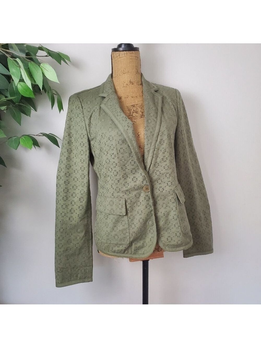 DKNY Olive Green Blazer Floral Cutout Single Button Womens Size 10